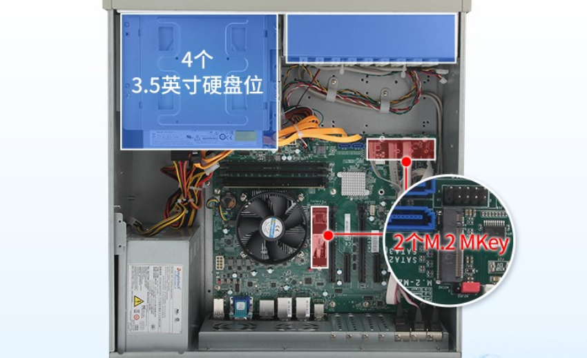 主板自帶4個(gè)SATAIII接口，2個(gè)M.2M-Key插槽。